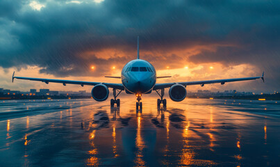 Commercial airplane on wet runway during rainy sunset with dramatic storm clouds and city skyline in background at airport terminal