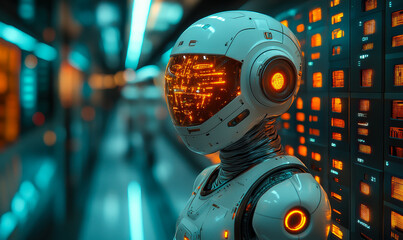 Futuristic humanoid robot with illuminated visor and cybernetic suit standing in high-tech server room glowing with blue and orange lights in science fiction environment