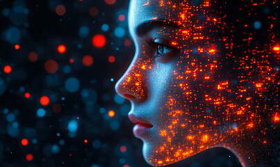 Profile of female face with illuminated digital data points and glowing orange AI circuitry overlay in dark futuristic technology background