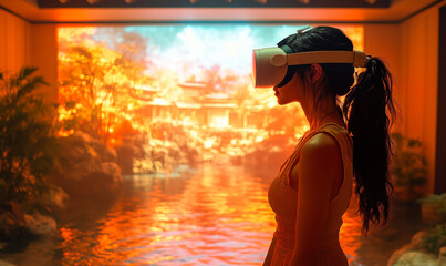 Woman wearing virtual reality headset experiencing immersive digital environment with autumn landscape and water reflection indoors for virtual intimacy and relaxation