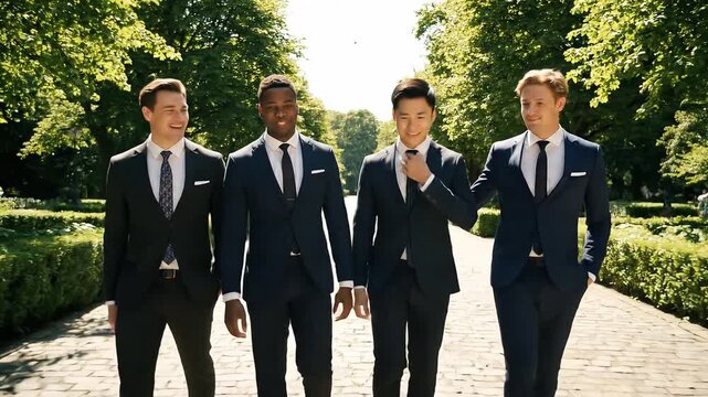 Four formally dressed men stroll down a sun-drenched path, radiating confidence and style. The scene evokes an image of sophistication and camaraderie, suggesting an air of success. 