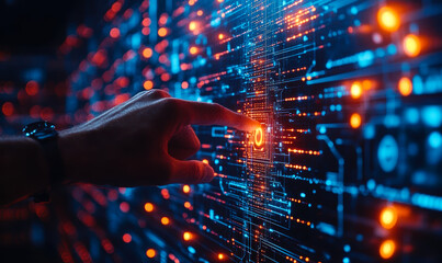 Human hand interacting with futuristic digital touchscreen interface displaying glowing data points and technological network connections in dark background