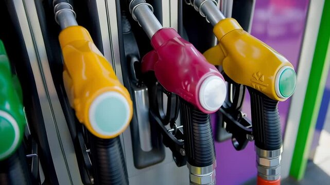 A row of gas pumps with different colored nozzles. The pumps are blue, green, yellow, and red