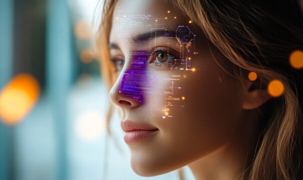 Close-up side view of young woman looking outside with futuristic digital biometric facial recognition interface overlay highlighting nose and eye area in soft natural light