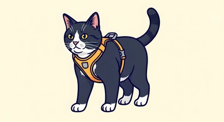 Fototapeta premium Cartoon cat standing and staring with yellow harness for domestic use, a cute cartoon cat illustration featuring animal. Cartoon cat is posing for pet owners, animal care,