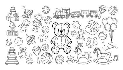 Fototapeta premium Charming outline sketch of a teddy bear surrounded by vintage toys and building blocks silhouette