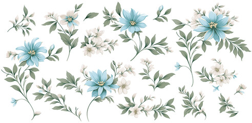 Blue and White small flowers, green leaves isolated on white background. Vintage Vector Floral Set Pattern. Hepatica, scilla, squill, chicory, flax. Delicate romantic  motif. Ornament vector.
