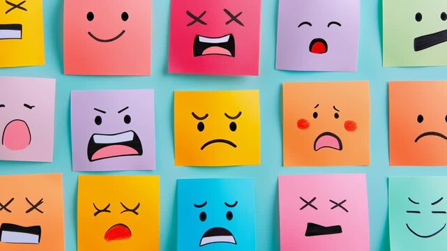 A bunch of colorful sticky notes with various facial expressions on them. Scene is one of sadness and despair