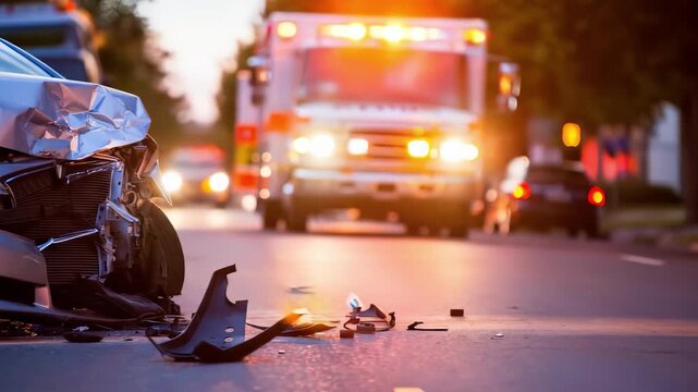 Emergency scene after a car accident. A damaged vehicle crash with an ambulance arriving for rescue. Road safety and first responders concept. 4K video.