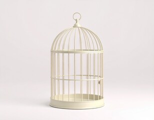 Vintage-style birdcage standing with an open door, symbolizing freedom or escape. Soft lighting and neutral backdrop. AI-generated.