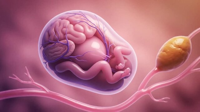 An artistic and intricate medical illustration showcases the delicate marvel of human life, depicting a developing embryo within the protective embrace of the womb.
