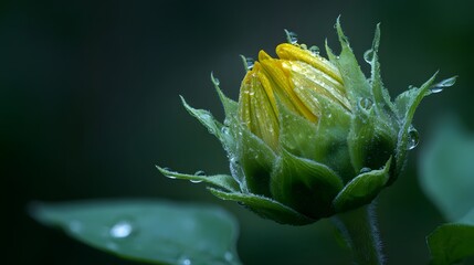 Close up of a vibrant yellow flower bud with dew drops