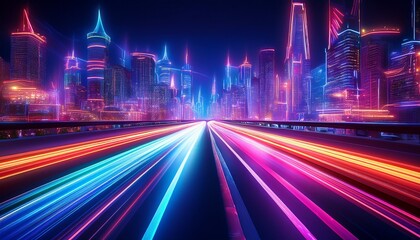 Fototapeta premium vibrant neon city highway at night with blurred lights