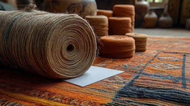 Artisanal Workshop with Natural Yarn Spools on a Colorful Handwoven Rug for Traditional Weaving