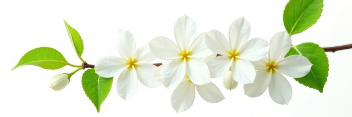 Naklejka premium Delicate jasmine branch with lush green leaves and fragrant white blossoms isolated on pure white background , nature, perfume