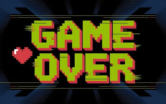 Retro 8-bit glitch text reading 'GAME OVER' with pixelated distortion on a dark screen background, inspired by vintage arcade aesthetics - Powered by Adobe
