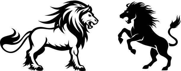 Two lions in heraldic style one white standing and the other black rearing up on its hind legs