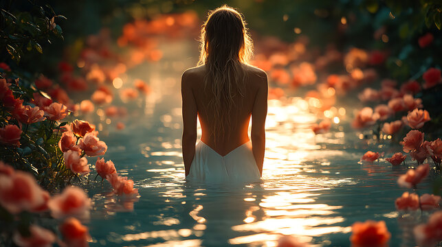 Woman in White Dress Walking Through Rose-Covered Stream at Sunset