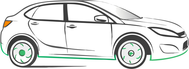 Side view of a white hatchback car with green accents and black outlines on a white background