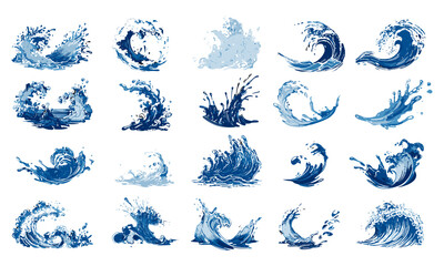 Water splash icons vector collection, blue wave graphics, liquid aquatic illustrations, fluid patterns, clean design splash effects, dynamic ocean visuals, creative detailed clipart art, motion