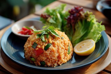 Delicious mexican rice with fresh vegetables and lemon on a plate