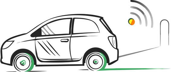 Naklejka premium White car with green wheels next to a wifi signal and parking post in a simple line drawing style