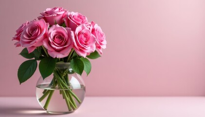 Fototapeta premium Colorful pink roses in a beautiful glass vase, pink flowers, spring, vase
