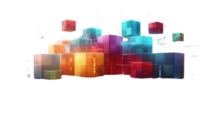 Colorful abstract smart city blocks floating in digital space. Represents futuristic architecture. Perfect for tech or UI design use.  Isolated on transparent background, png.