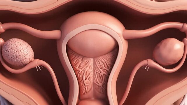 Anatomy of a female reproductive system, a detailed 3D rendering. Showcasing the uterus, ovaries, and fallopian tubes in a realistic, educational perspective.