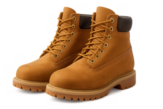 Classic yellow work boots with tied laces, isolated on transparent background, ready for your design projects