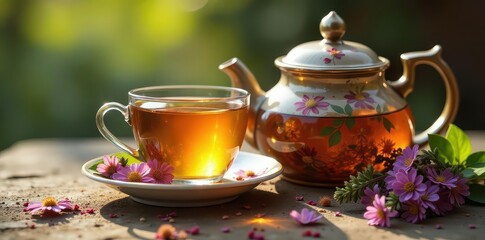 Fototapeta premium A glass cup filled with a soothing herbal tea made from melissa leaves and flowers, sitting next to a beautiful antique teapot , potpourri, nature