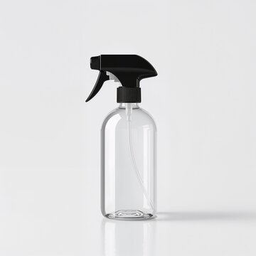 &ldquo;A 200ml clear transparent glass spray bottle with a black spray nozzle, placed on a clean white background. The bottle is minimalistic and professional, with realistic reflections and soft shadows.