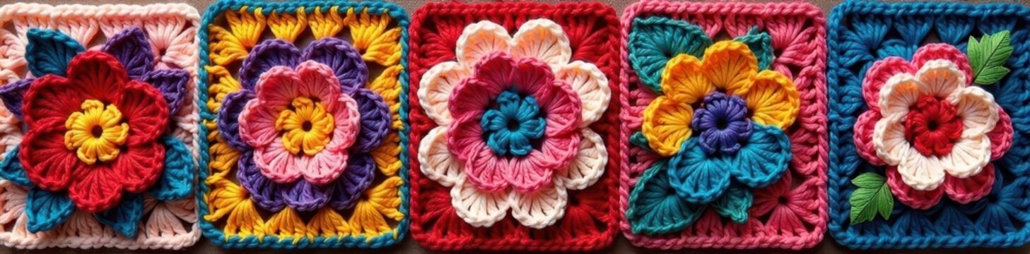 Colorful granny square blanket with vibrant flowers and leaves patterns, textile art, handmade fabric