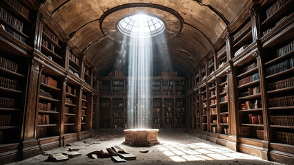 forgotten underground library, rays of light filtering down from the ceiling