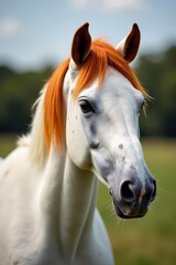 Obraz premium Gentle speckled white horse, ginger mane, serene gaze , grace, elegance, white