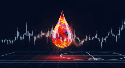 Burning oil droplet over growing financial graph, representing energy market and oil prices volatility. Digital stock diagram and Fibonacci spiral for investment.