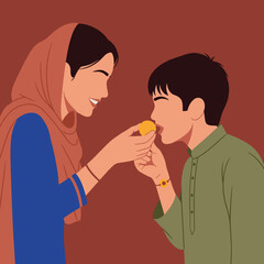 Sister feeding sweets to brother on Raksha Bandhan, celebrating their loving bond. Illustrates joy and traditional festival exchange.