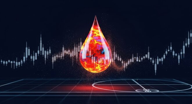 Burning oil droplet over growing financial graph, representing energy market and oil prices volatility. Digital stock diagram and Fibonacci spiral for investment.
