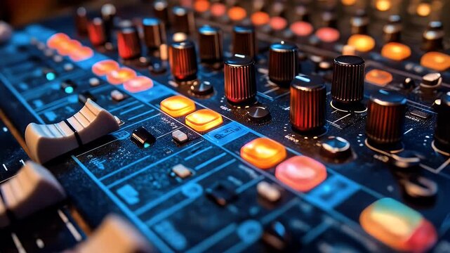 Audio Mixer Close-Up: Knobs, Faders, Lights, Sound Production