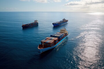 Fototapeta premium Cargo ships sailing in open sea under clear sky