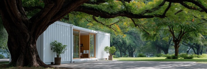 Modern container home in tranquil park setting with lush trees