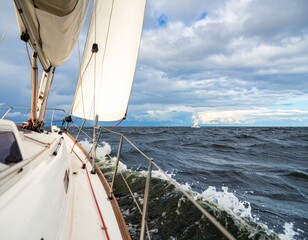 Obraz premium Perspective from white sailboat navigating rough waters with another yacht in distance beneath moody sky. AI-generated