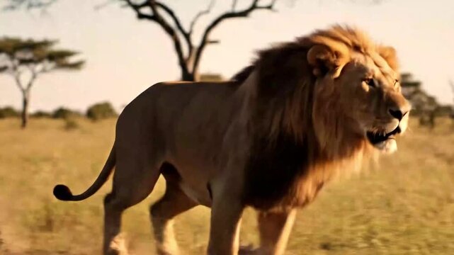 A majestic male lion running powerfully through the african savanna landscape at golden hour