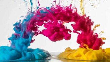 Vibrant cyan magenta and yellow ink plumes dissolving in clear water creating dynamic abstract design background - Powered by Adobe