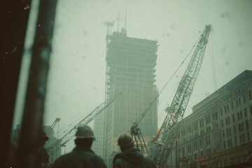 1960s Skyscraper Construction Scene with Super 8 Vintage Film Look