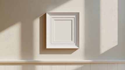 Empty white picture frame on beige textured wall. Minimalist Scandinavian style