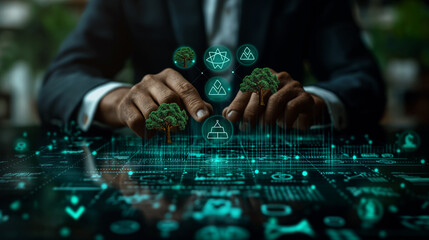 Businessman interacts with eco icons. Sustainable business strategy concept using digital technology for environmental conservation and green innovation.