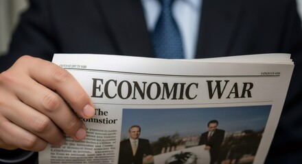 Man holding newspaper with headline "Economic war". Concept of global financial crisis, stock market crash, inflation.