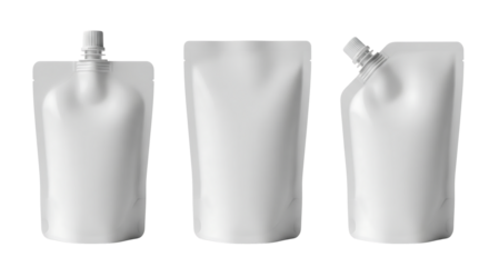 Three white doypack or spouted pouch mockups for liquid food. Isolated on transparent background, png