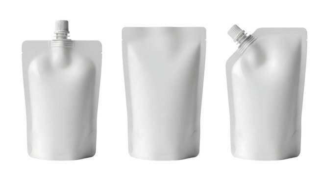 Three white doypack or spouted pouch mockups for liquid food. Isolated on transparent background, png